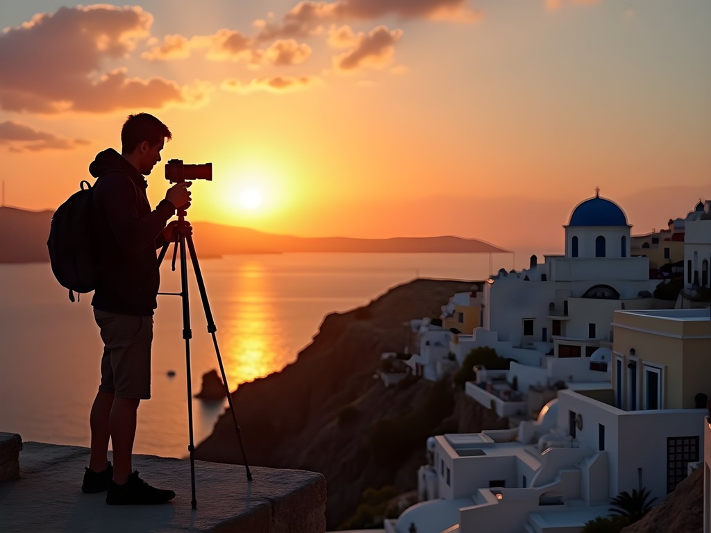 Photographer capturing sunset over Sidi Bou Said and the Mediterranean