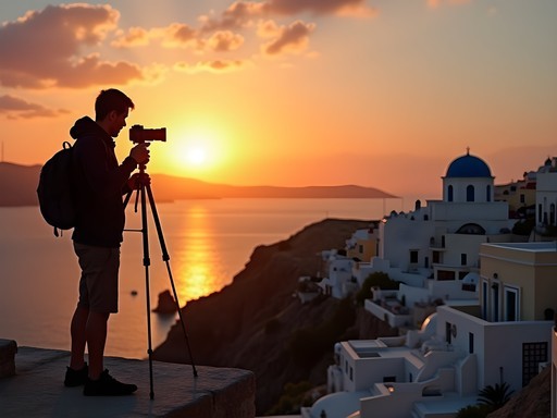 Photographer capturing sunset over Sidi Bou Said and the Mediterranean