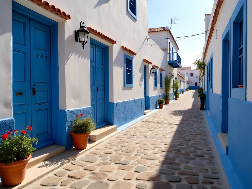 Empty morning street in Sidi Bou Said with blue doors and white architecture