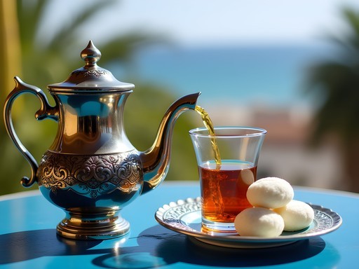 Traditional Tunisian mint tea service with Mediterranean view in Sidi Bou Said