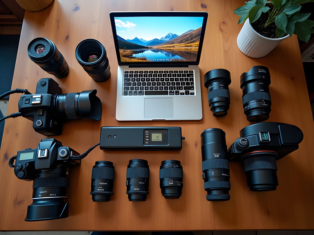 Photography equipment laid out in rustic Alaskan cabin Sitka