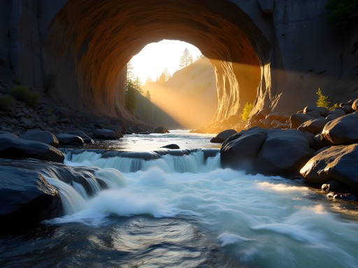 Dramatic basalt formations at Bowl and Pitcher with spring river rapids at sunrise
