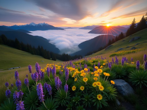 Mount Spokane wildflower meadow at sunrise with valley fog below