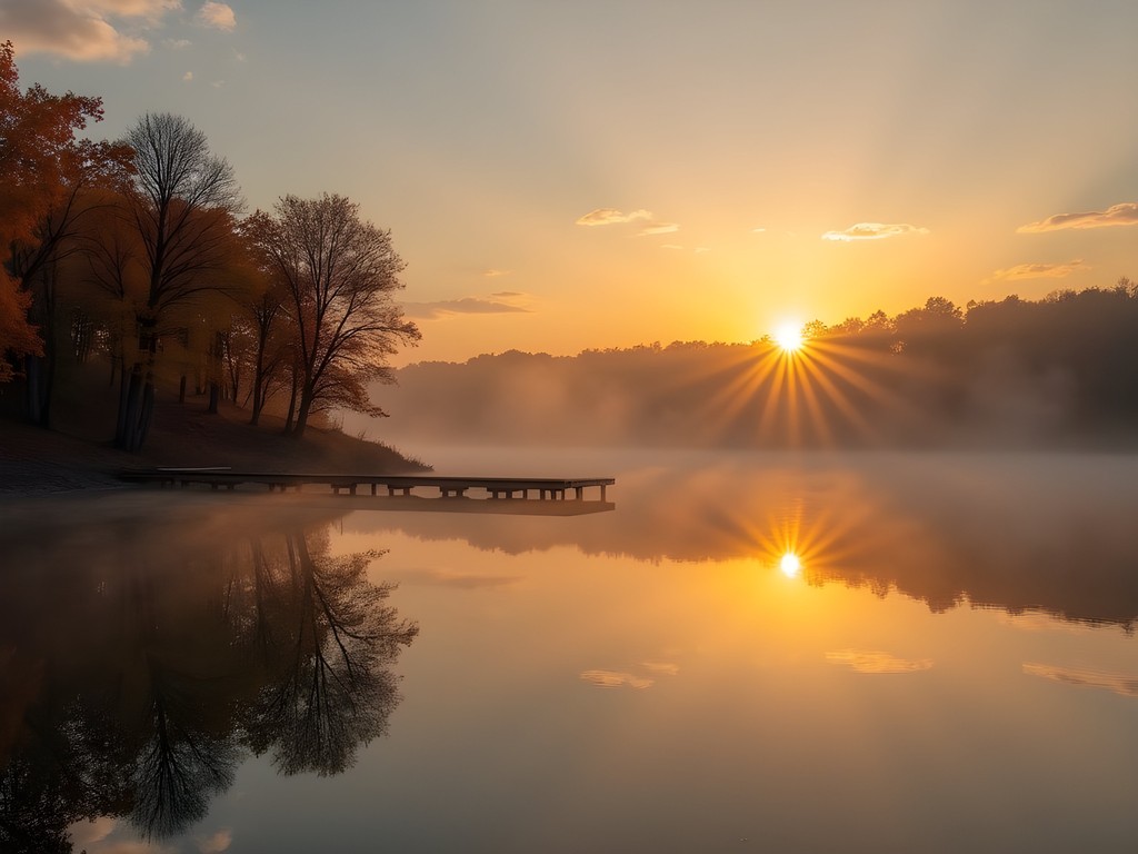 Misty sunrise over Lake Fayetteville with autumn colors reflecting in still water