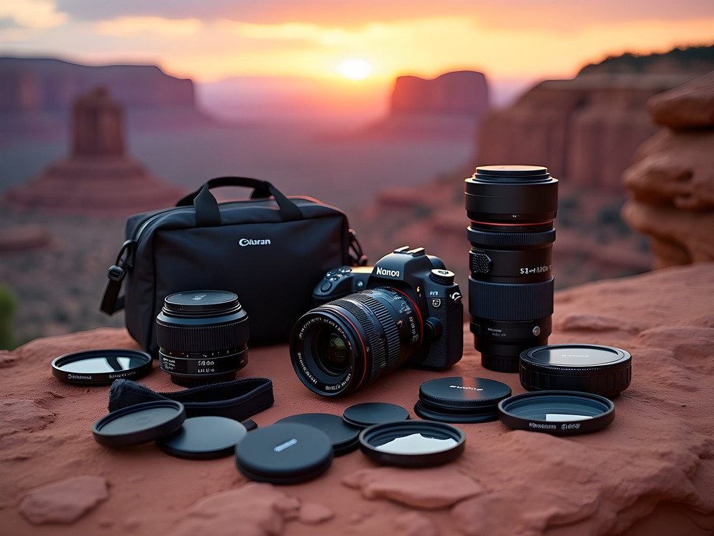 Photography gear laid out against red rock background in Snow Canyon State Park at sunset
