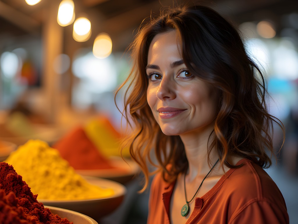Female photographer examining colorful spices at St. John's Market in Antigua