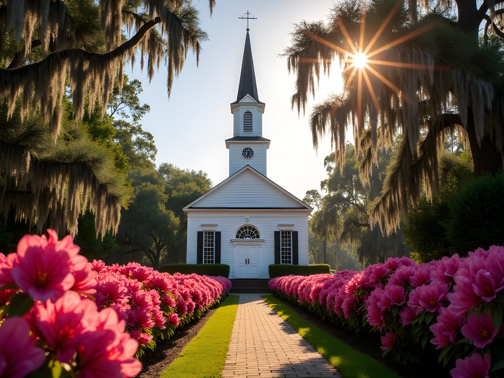 White steepled church surrounded by pink azalea blooms in Summerville South Carolina