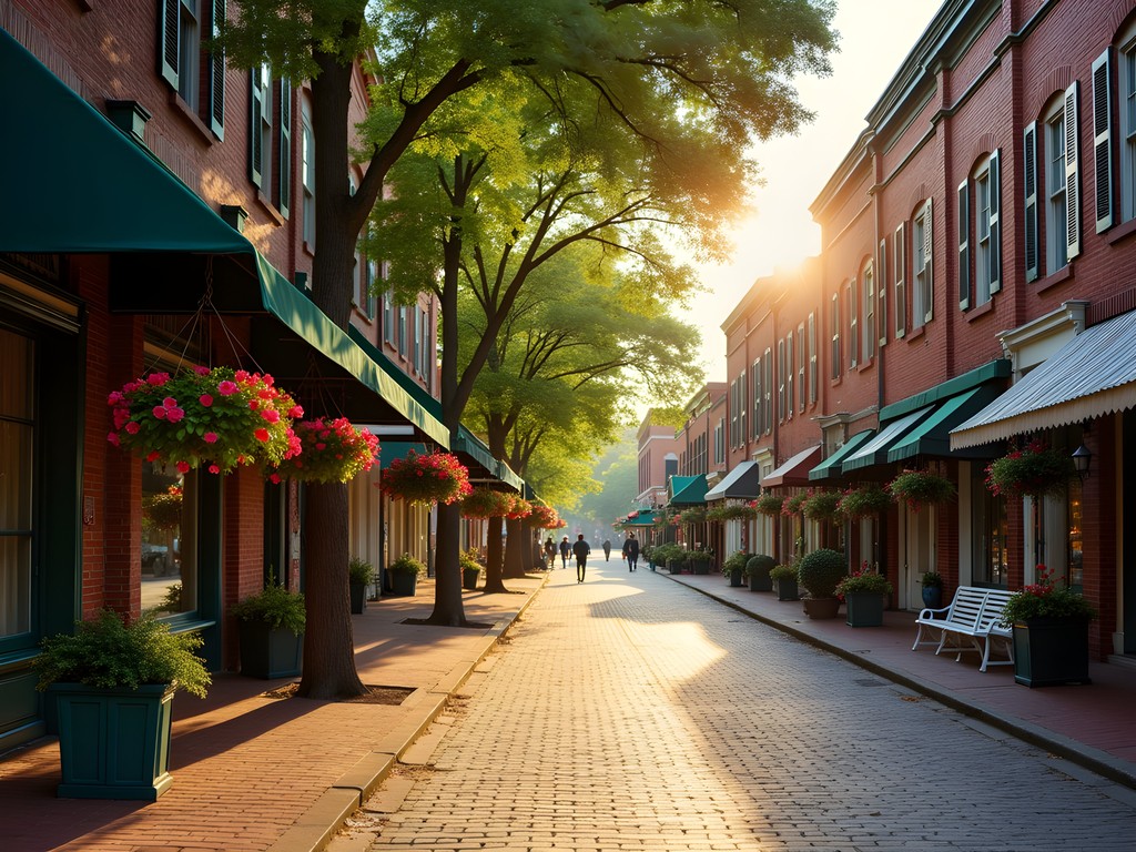 Historic Main Street Summerville South Carolina during golden hour with blooming flowers