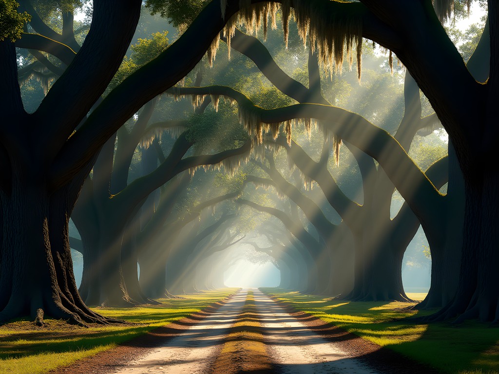 Live oak trees draped in Spanish moss creating natural tunnel in Summerville