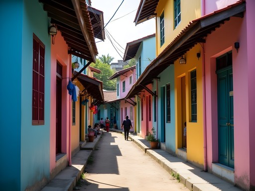 Vibrant rainbow-colored houses in Surabaya's Kampung Warna-Warni neighborhood with daily life scenes