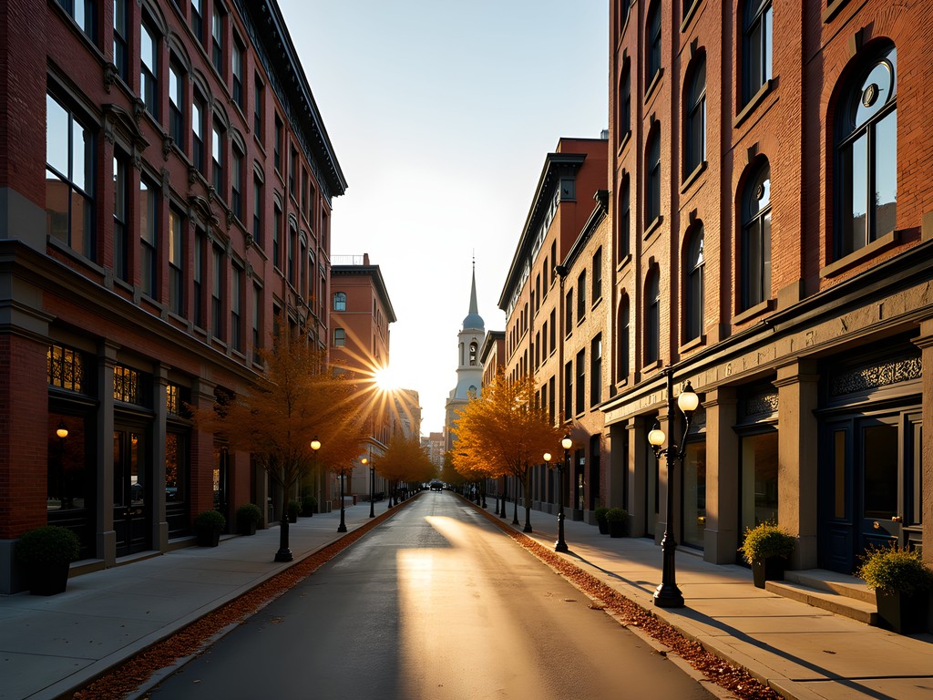 Historic buildings in Syracuse's Armory Square district bathed in golden hour light