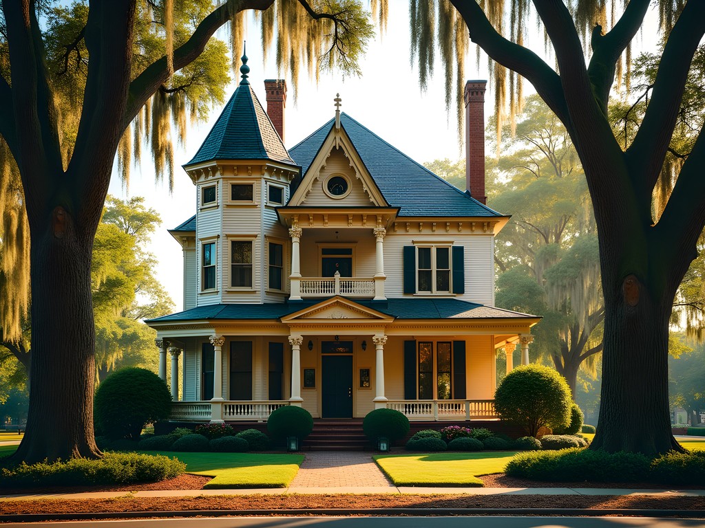 Victorian Queen Anne home with turret and wraparound porch in Tuscaloosa historic district during fall