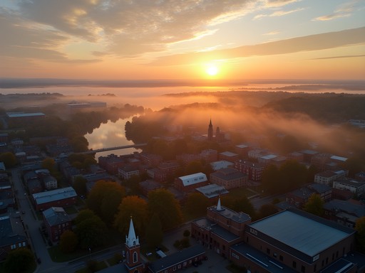 Aerial drone photograph of Utica nestled in the Mohawk Valley at dawn