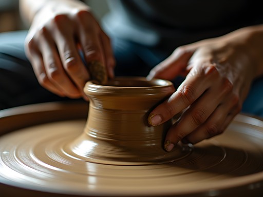 Close-up of artisan hands working with clay in a Utica pottery studio