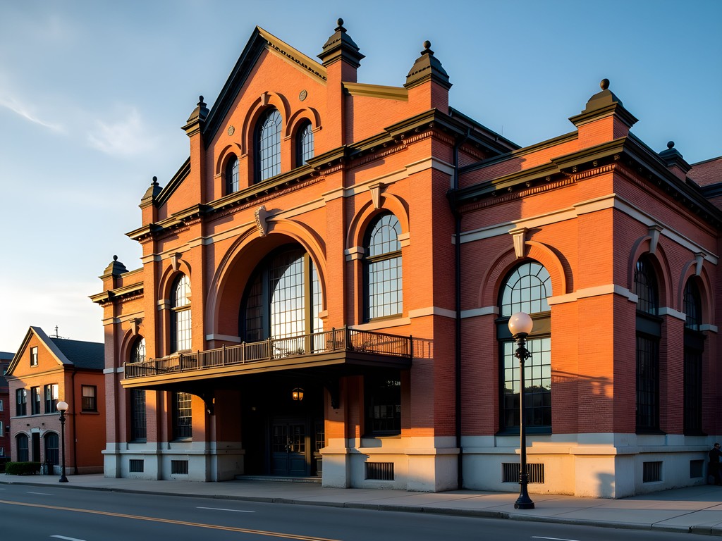 Utica Union Station bathed in golden hour light with dramatic shadows