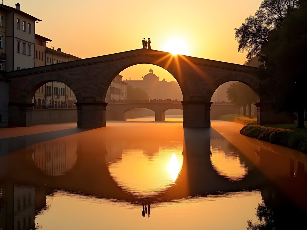 Couple photographing sunset at Ponte Pietra bridge in Verona Italy