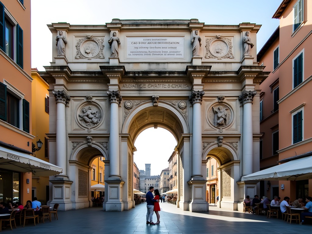 Ancient Roman Porta Borsari gate in Verona with modern street life