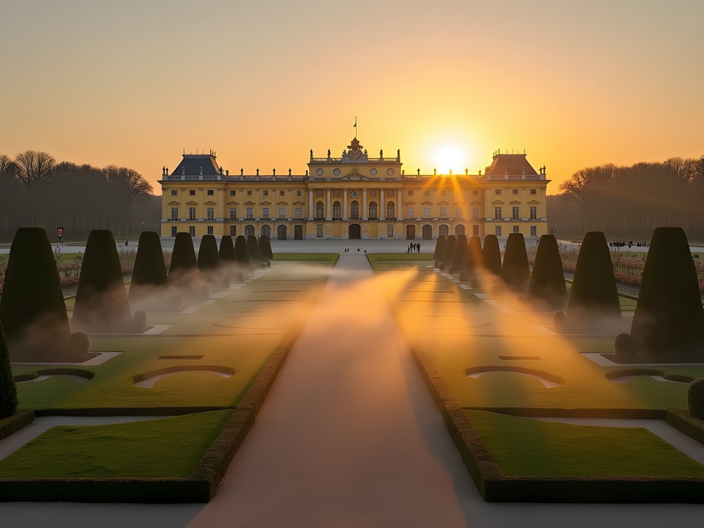 Palace of Versailles façade bathed in golden morning light with misty gardens