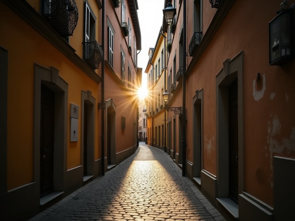 Dramatic light and shadow in Vienna's medieval Blutgasse passage with historic buildings
