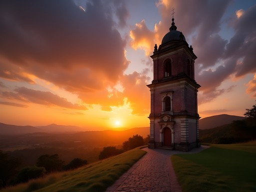 Bantay Bell Tower silhouetted against colorful sunset sky in Vigan