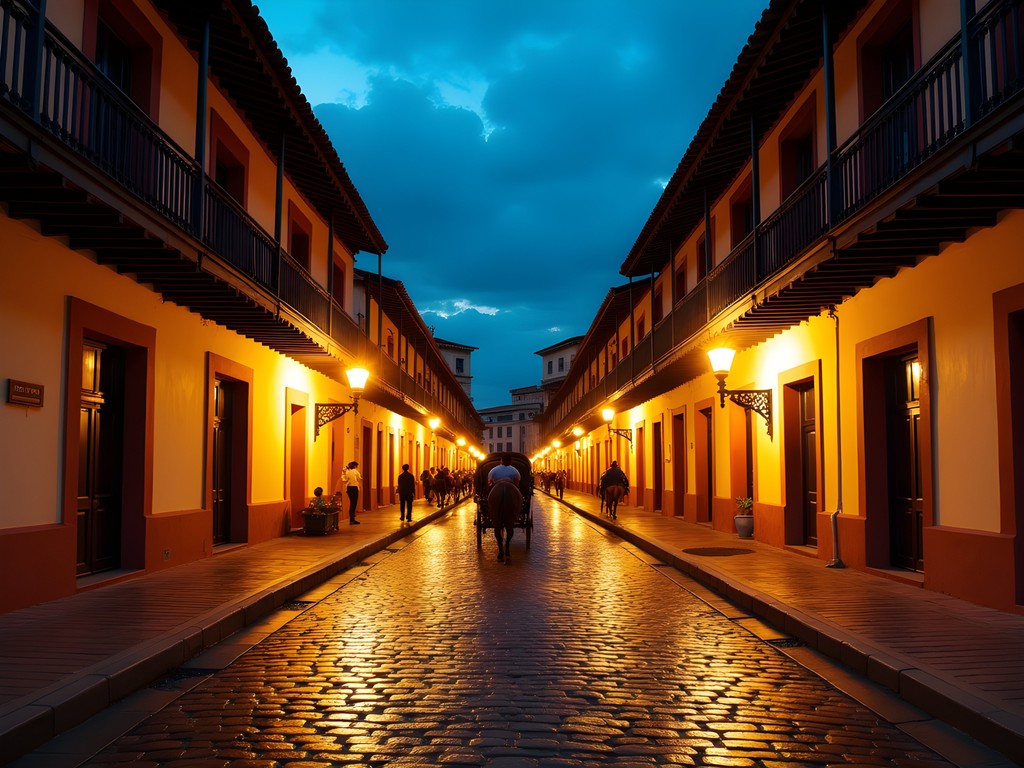 Calle Crisologo in Vigan illuminated by street lamps during blue hour