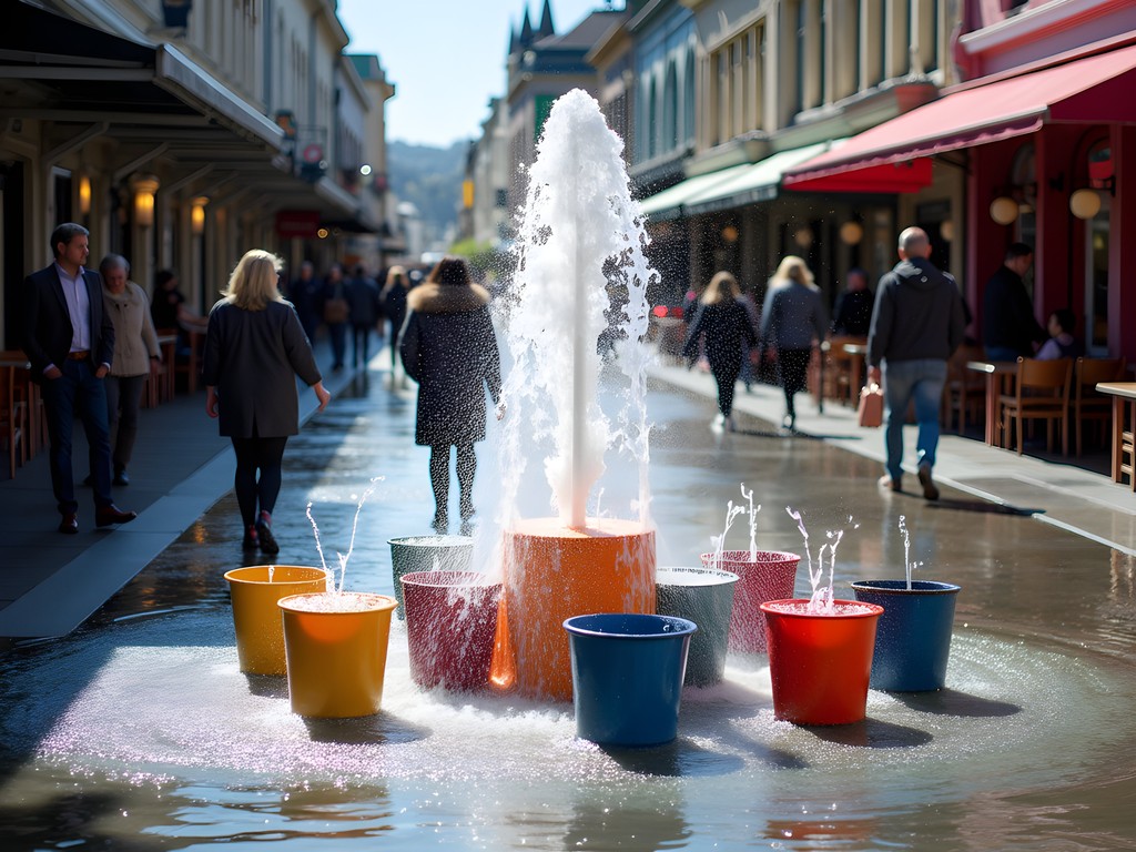 Wellington's iconic Bucket Fountain on Cuba Street with water mid-spill and pedestrians reacting