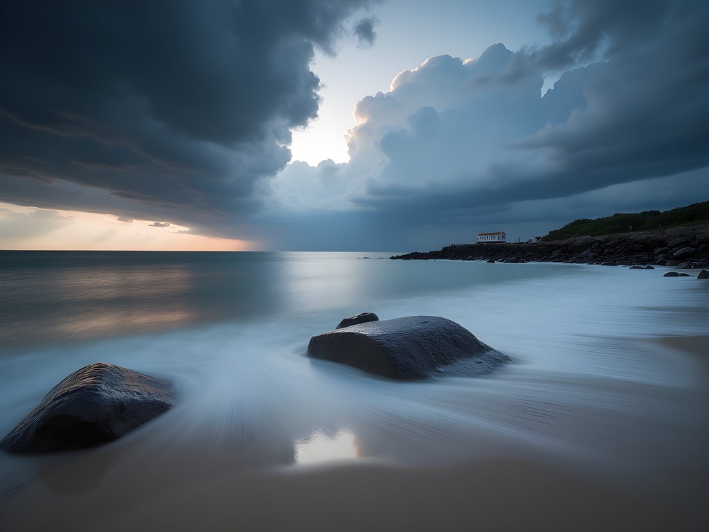 Long exposure seascape at Misquamicut State Beach with dramatic storm clouds and silky water
