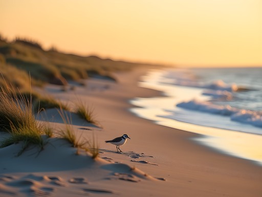 Early morning light on Napatree Point Conservation Area with piping plovers and coastal dunes in Westerly, Rhode Island