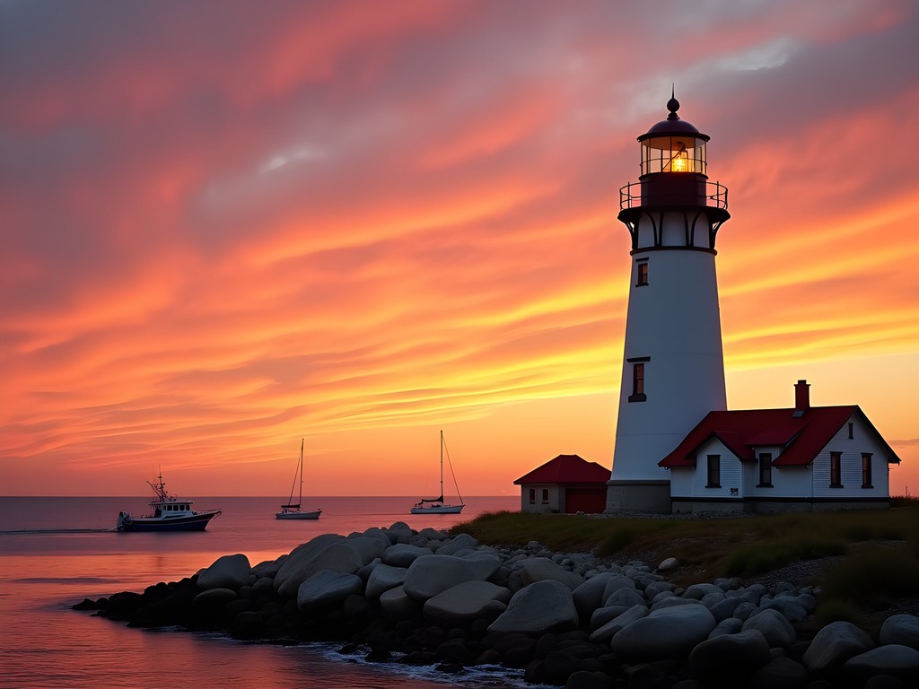 Watch Hill Lighthouse silhouette against vibrant orange and pink sunset in Westerly, Rhode Island
