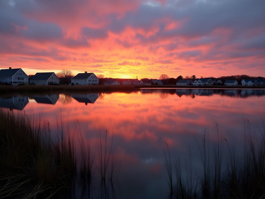 Sunrise over Weekapaug Pond in Westerly with perfect reflections of colorful sky and distant shore houses