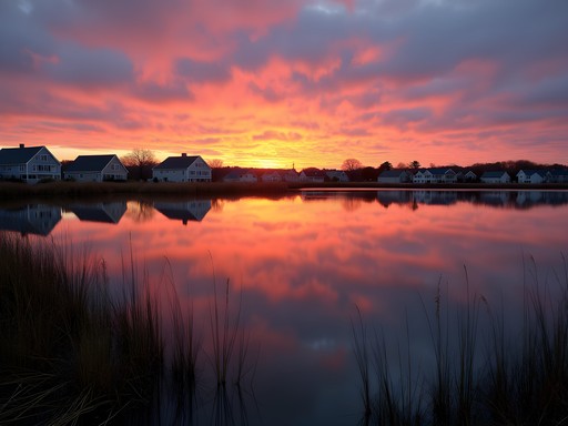 Sunrise over Weekapaug Pond in Westerly with perfect reflections of colorful sky and distant shore houses