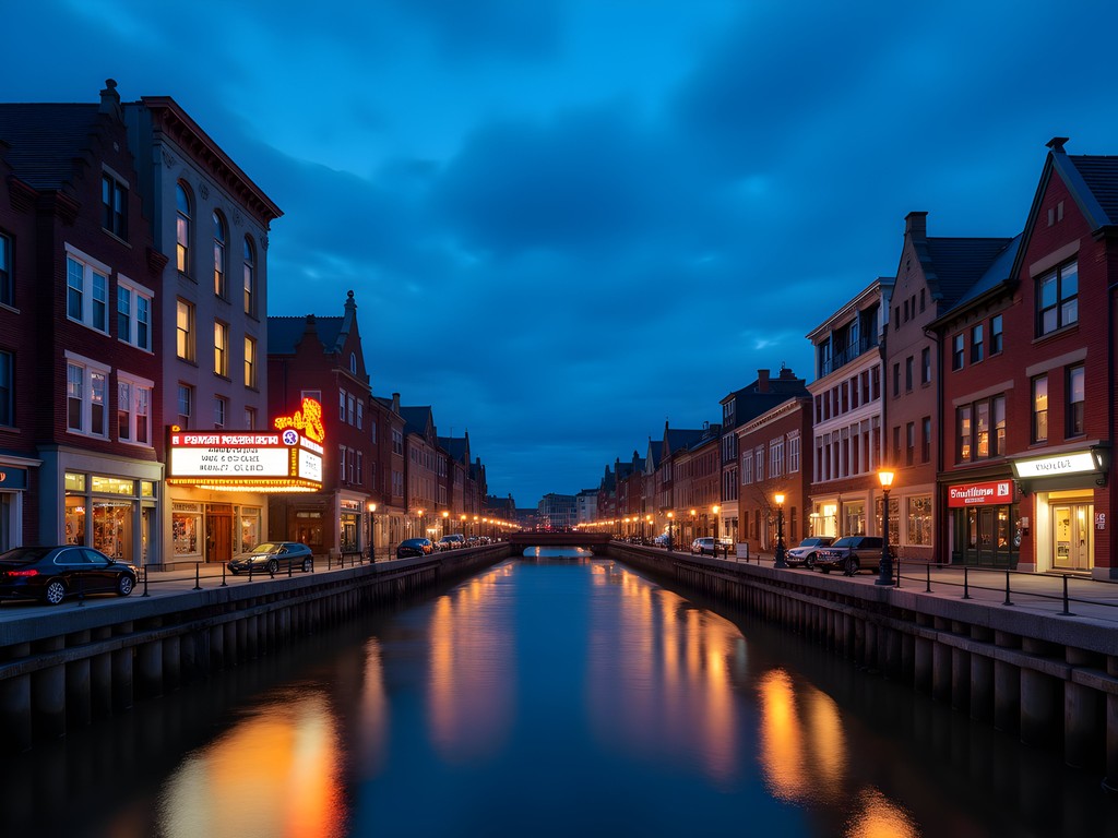 Historic downtown Westerly buildings illuminated during blue hour with Pawcatuck River in foreground