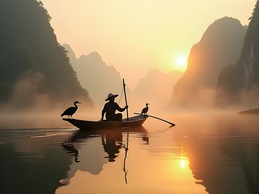 Cormorant fisherman on bamboo raft at sunrise with karst mountains in background on Li River