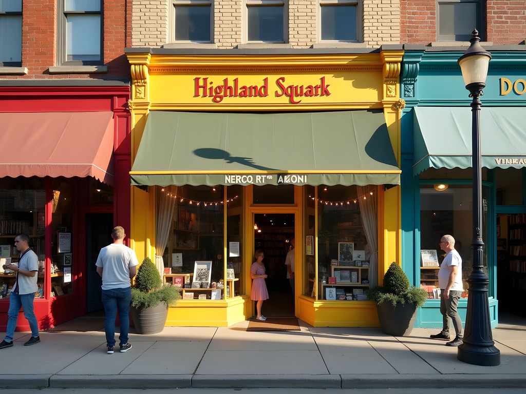 Colorful storefronts of vintage shops in Highland Square district of Akron