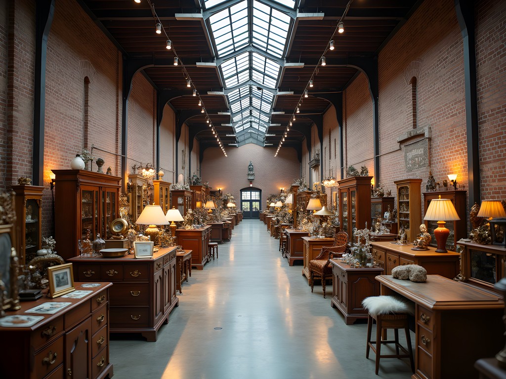 Interior of Weil Antique Center with vintage displays and industrial architecture
