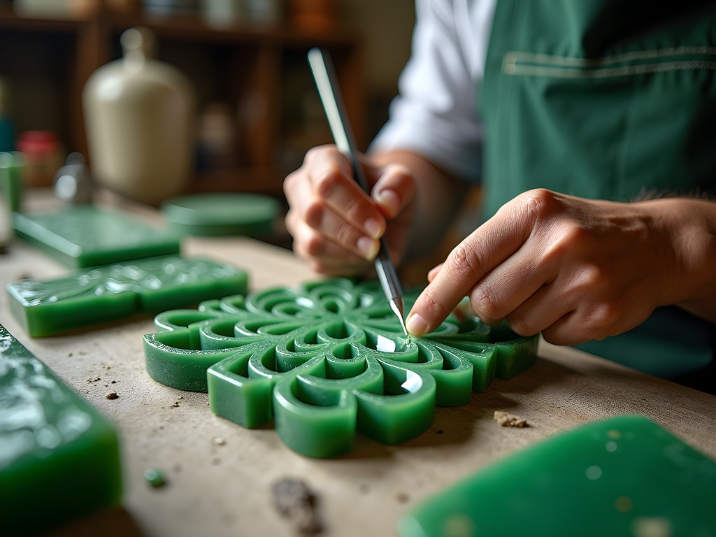 Artisan carving jade at Jade Maya workshop in Antigua Guatemala