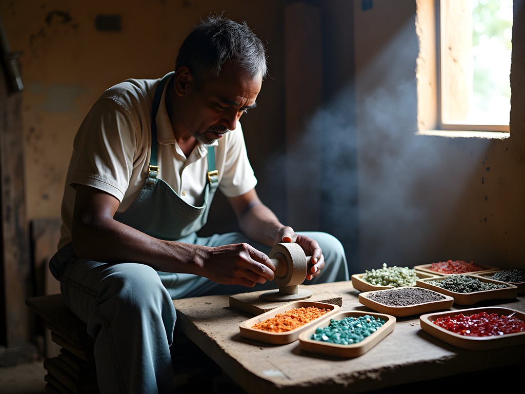 Traditional gemstone cutting workshop in Antsirabe with craftsman using foot-powered wheel