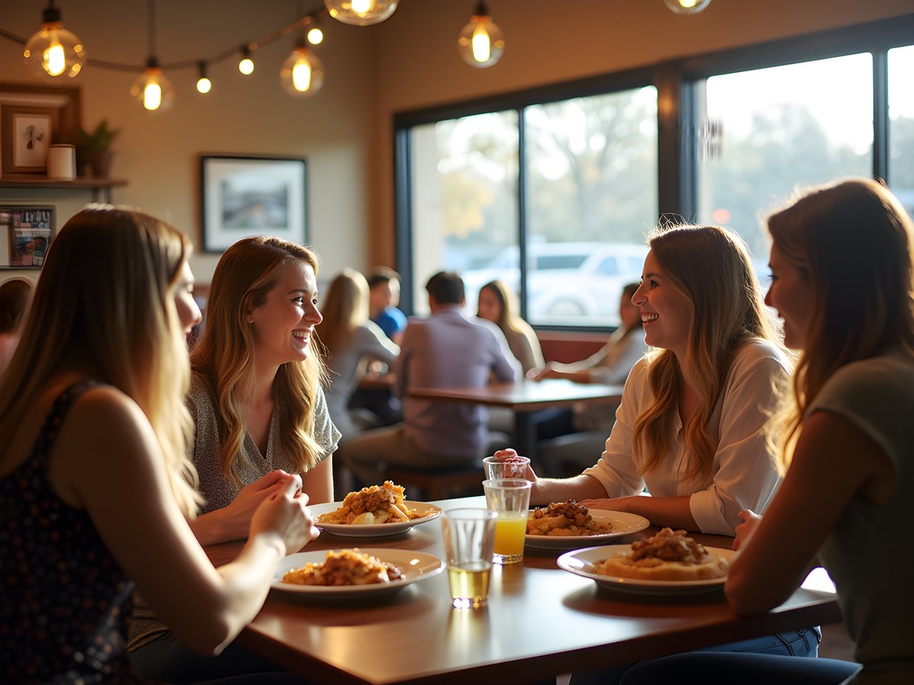 Friends enjoying lunch break at casual restaurant in Bartlett Tennessee during shopping trip