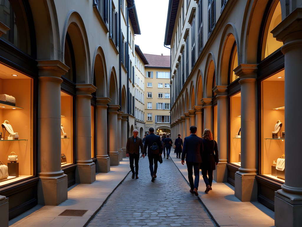 Historic shopping arcades in Bern's Old Town with luxury boutiques