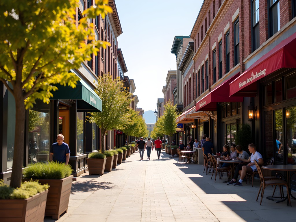 Pedestrian-friendly 8th Street shopping district in downtown Boise with historic buildings and boutiques