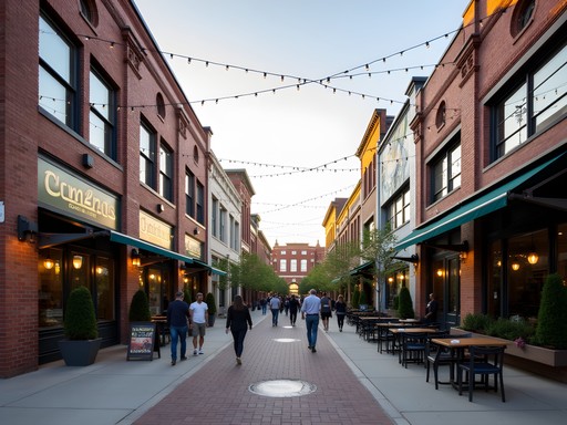 Renovated industrial buildings in Boise's Linen District with modern boutiques and art galleries