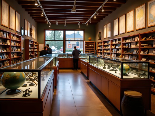 Interior of science and nature specialty shop in Boise with displays of telescopes, maps and weather instruments