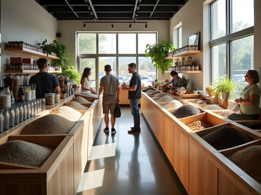 Interior of zero-waste shop in Boise with bulk bins, sustainable products, and customers shopping with reusable containers