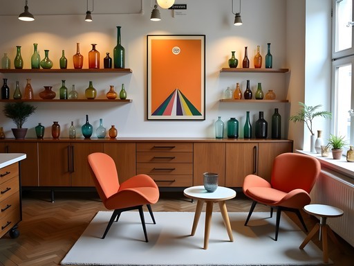 Interior of a stylish curated vintage shop in Brno displaying mid-century Czech furniture and design objects