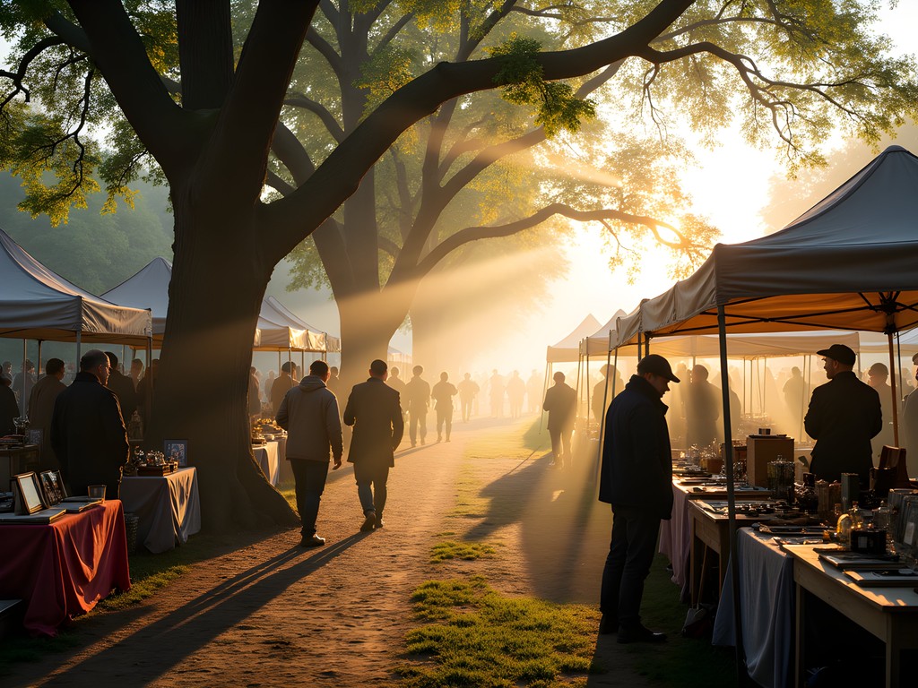 Early morning scene at Burza Pod Kaštany flea market in Brno with vendors setting up stalls under chestnut trees
