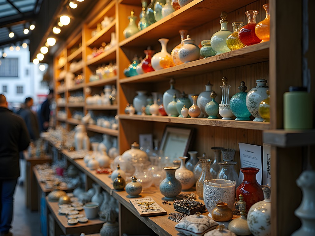 Collection of vintage items displayed at an indoor market in Brno including glassware, ceramics and small collectibles