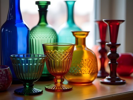 Collection of colorful vintage Czech glass pieces in various shapes displayed on a wooden table
