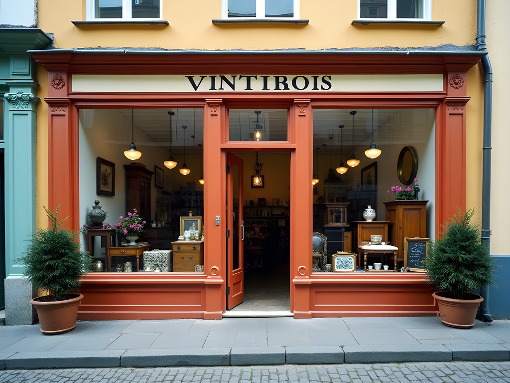 Colorful exterior of a vintage shop in Brno's historic center with antique items displayed in windows