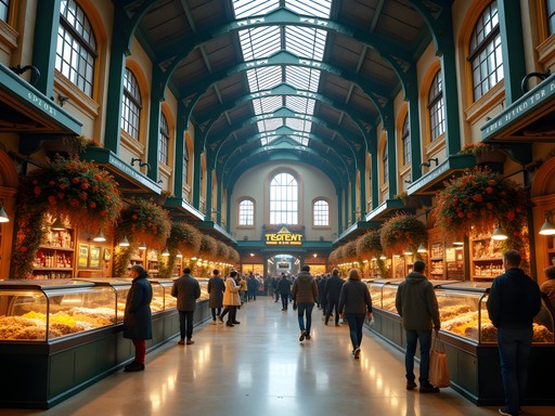 Historic Broadway Market interior with vendors and shoppers browsing local goods