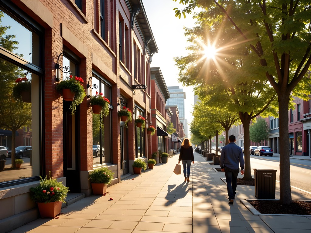 Eco-friendly boutiques along tree-lined street in Calgary's historic Inglewood neighborhood
